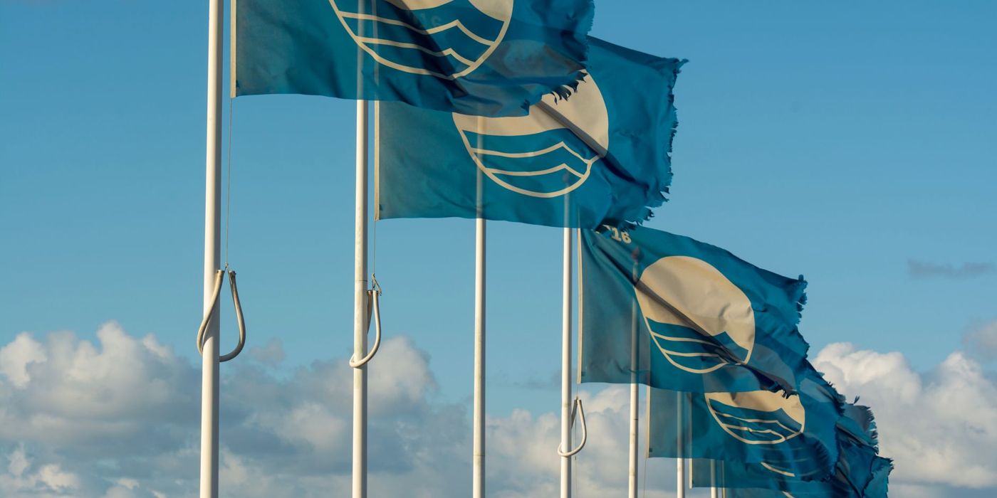 A row of certification standard flags against the sky