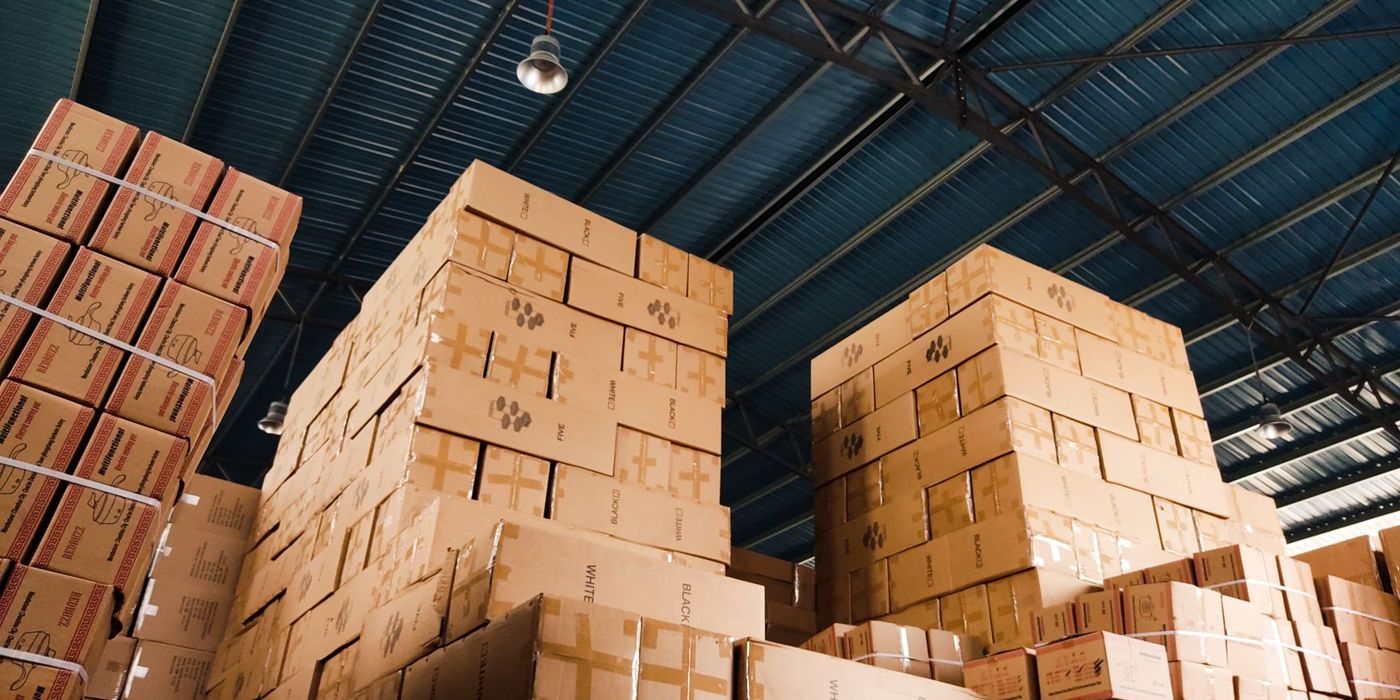 Cartons stacked on pallets in a warehouse