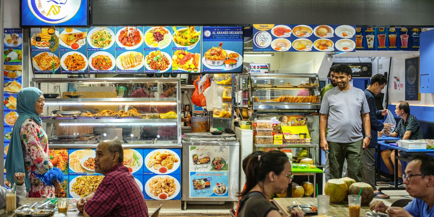 A halal food court with certified stalls in Singapore